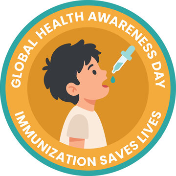 Child receiving oral vaccine drops vector illustration for global health awareness day and immunization campaign badge design