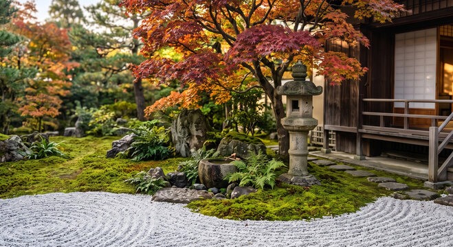 Tranquil Japanese traditional zen rock garden with raked white sand and vibrant red autumn maple leaves