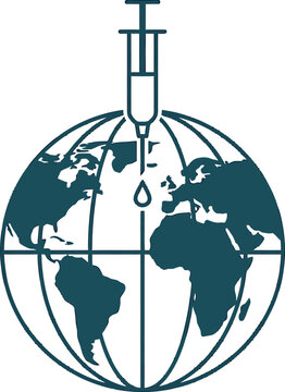 Global vaccination concept icon with a syringe injecting a drop onto a stylized world map vector illustration