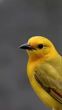 Studio close-up side-profile video of a brilliant golden yellow bird with sharp black beak, perched gracefully against a solid neutral dark grey studio background
