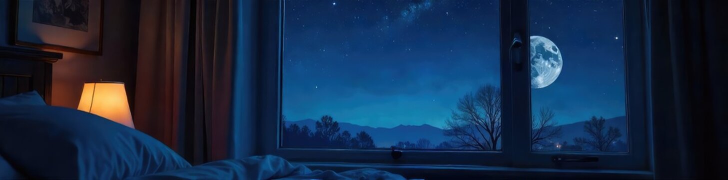 Dark, starlit night sky visible through a bedroom window, moonlight illuminating a portion of the ceiling  Perfect for peaceful, dreamy, or celestial themes ,  bedroom,  ceiling,  window