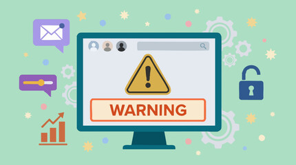 Computer screen displaying a warning message with cybersecurity icons © RAIXEL