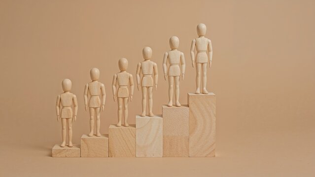 Figures arranged in increasing height on blocks, representing growth or progress.