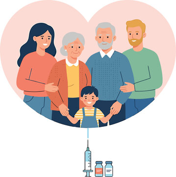 Multi generational family protected by vaccination concept illustration with syringe and medicine vials in flat vector style