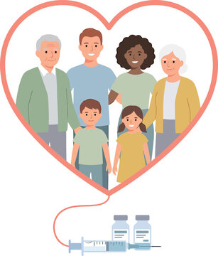 Multi generational family inside heart shape connected to vaccine vials and syringe medical vector illustration