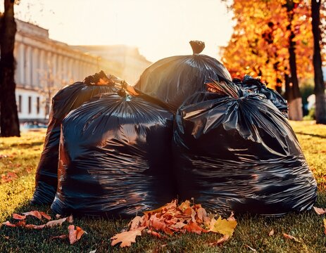 black plastic bags with tree leaves there are large black plastic garbage bags filled with fallen dried leaves on the grass seasonal cleaning of city streets from fallen leaves cleaning