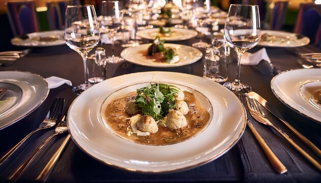 corporate event dinner beautifully plated entrees on long banquet tables sophisticated decor with subtle lighting professional and refined vibe
