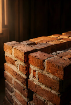 Close-up of stacked red bricks indoors with warm lighting
