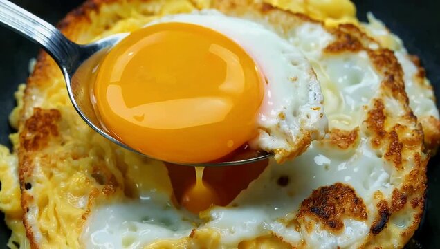 Delicious 4K macro culinary shot capturing a metal spoon gently lifting a soft runny golden egg yolk from a perfectly fried egg white showcasing mouthwatering textures for breakfast recipe promotions
