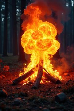 A fiery, explosive fireball engulfing dry, flammable materials; intense heat and flames consuming wood and brush in a dramatic display ,  background,  hot,  fuel