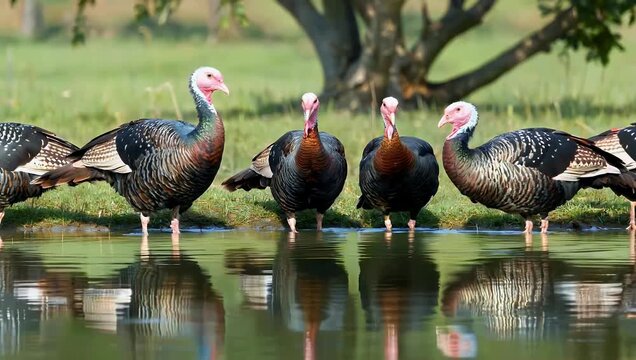 Premium 4K cinematic wildlife close up tracking a cluster of wild helmeted guinea fowl quenching their thirst at a peaceful waterhole showcasing perfect mirror like reflections on the glassy water