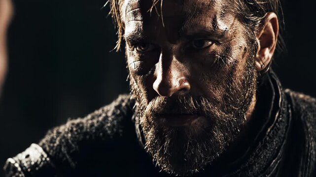 Cinematic close-up of a rugged man with a thick beard and dirt-stained face, looking sideways with a focused, intense gaze against a dark, moody background.