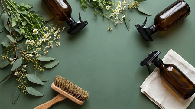 Spray bottles are arranged on a green background with flowers and a brush.