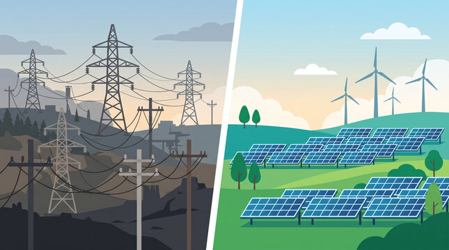 Conceptual split-screen vector illustration of a grey fossil fuel industrial city and a clean green renewable energy landscape.
