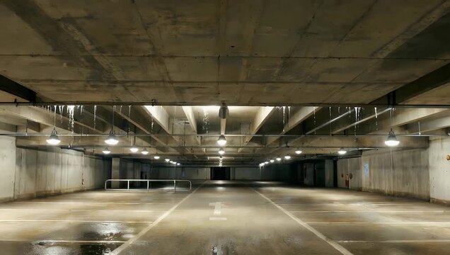 Moody ultra HD 4K wide shot of an empty underground concrete parking garage as fluorescent lights gradually turn on overhead with water dripping from the ceiling