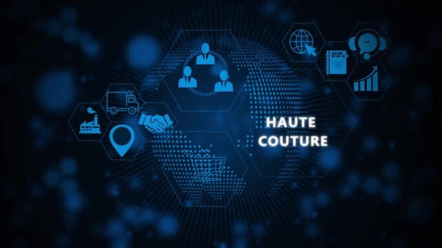 Digital haute couture fashion industry infographic motion featuring global business network e-commerce shopping cart symbols, and corporate connectivity on a dark blue background