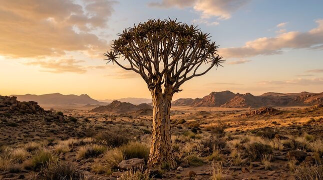 Solitary quiver tree in namibian desert at golden sunset