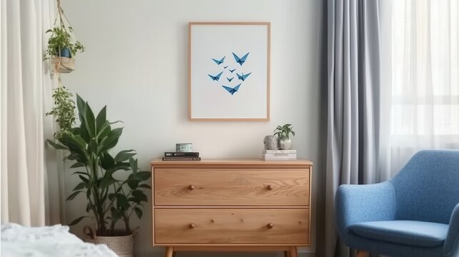 A minimalist bedroom with a dresser,plants,and a framed artwork