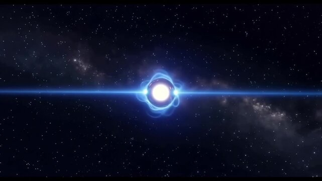 A luminous pulsar rotates in deep space, projecting intense energy beams through cosmic darkness.