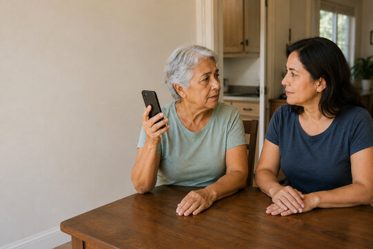 Older woman pauses suspicious phone call and consults trusted family member