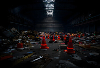 Obraz premium Evidence markers in dark warehouse with scattered debris