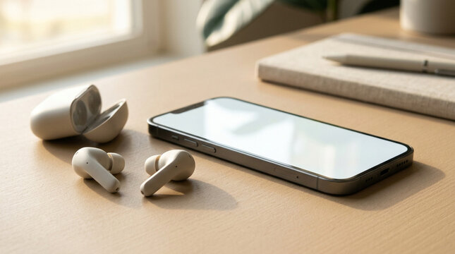 True wireless earbuds with charging case on table