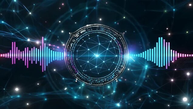 Futuristic ultra HD 4K animation of a glitching digital protection shield icon floating within a network of glowing nodes and audio equalizer bars symbolizing cybersecurity