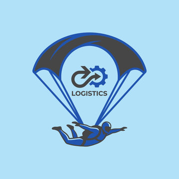 Dynamic Skydiving Logistics Logo With Parachute And Gear Icon Symbol