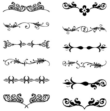 Collection of twelve decorative black ink floral and scroll dividers on a white background, flourish