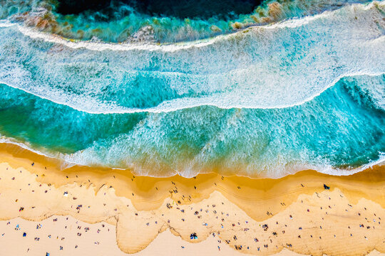 overhead abstract view of the surf and sand at Bondi Beach