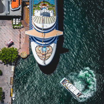 A overhead shot of cruise ship at berth in Circular Quay