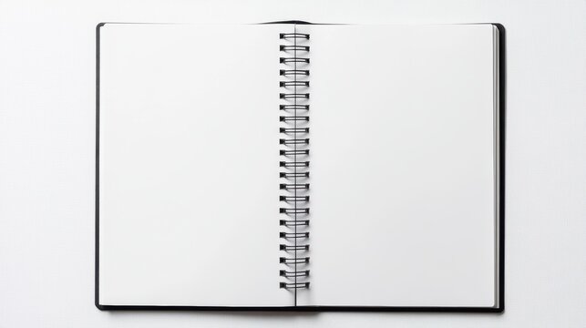 Open spiral-bound notebook with blank pages on white background. (1)