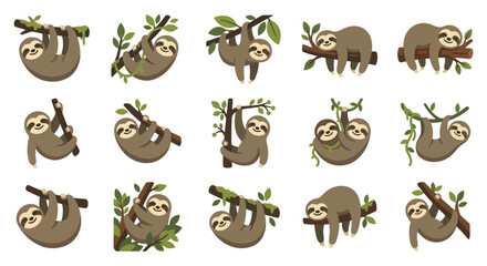 Cartoon sloth characters hanging on tree branches © Fatchut