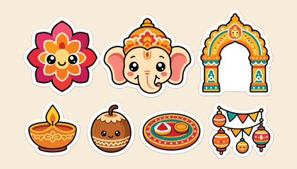 Fototapeta premium Ganesh Chaturthi Premium Kawaii Rounded Sticker Icon Set 