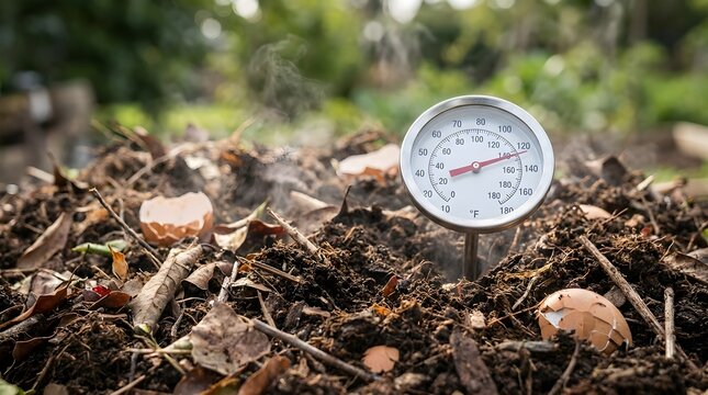 Compost thermometer measuring heat in an organic garden pile with thermometer temperature backyard