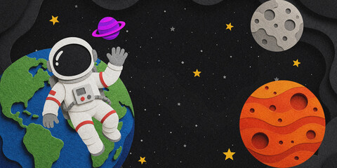 Paper Cutout Astronaut Floating Above Earth in Outer Space with Colorful Planets and Stars © ARDN