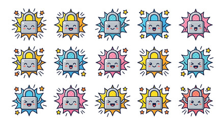 Colorful cute padlock security character stickers