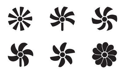 Fototapeta premium Set of isolated black flat fan blade icons for cooling systems air ventilation equipment climate control devices.