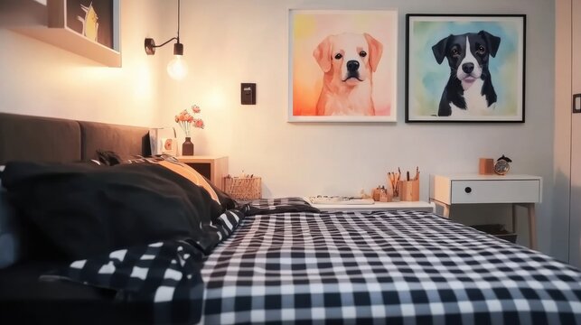 Bedroom with dog paintings and checkered bedding