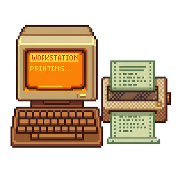 Retro workstation with vintage orange crt monitor and dot matrix printer pixel art style.
