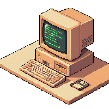 Vintage personal computer on desk with green code terminal and floppy disk in isometric view.