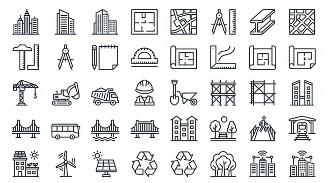 Architecture and urban planning icons. Construction and city development line art set.