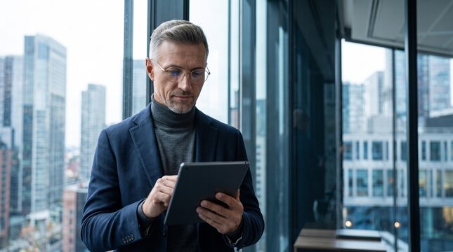 Confident mature businessman with glasses using digital tablet by window with city skyscrapers, senior executive or financial advisor analyzing corporate tax reports and fintech asset growth