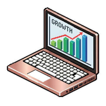 Pixel art isometric laptop screen displaying business growth graph with colorful bar chart.