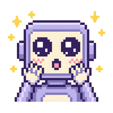 Cute pixel art robot with a surprised and happy expression surrounded by sparkles.