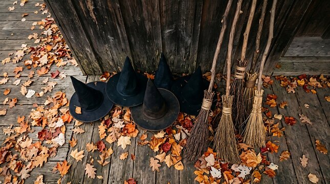 Witch hats and brooms on rustic wooden porch with autumn leaves for halloween season.