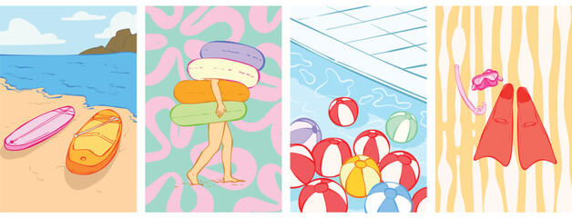 Summer Beach Adventure Poster Collection with Surfboards, Inflatable Rings, Beach Balls and Diving Equipment © Nailyfarhatin