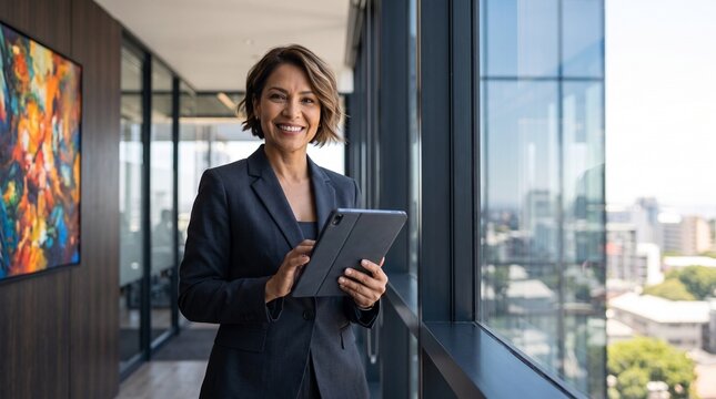 Confident Hispanic businesswoman holding digital tablet in modern corporate office, smart female executive managing fintech projects, business leader, tax consultant, professional success