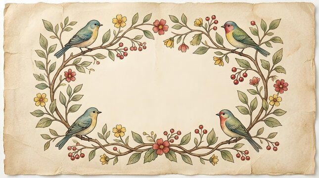 Vintage paper background with a floral frame and small birds botanical stationery parchment