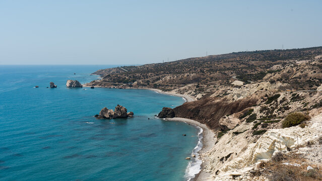 Aphrodite's Rock on the Mediterranean coast in Cyprus
Petra tou Romiou, Aphrodite's Rock, Cyprus
Scenic view of Aphrodite's Rock on the coast of Cyprus
Aphrodite's Rock with turquoise Mediterranean Se